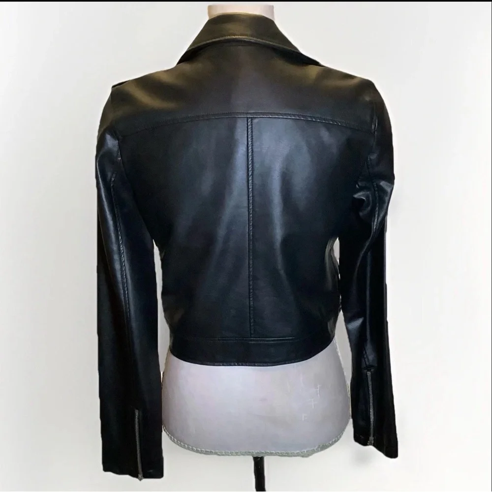 Vegan Black Leather Jacket Small Moto Faux Short Silver Accents